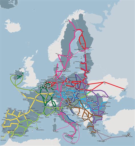 Žemėlapis, vaizduojantis Europos transporto koridorius ir TEN-T tinklą.