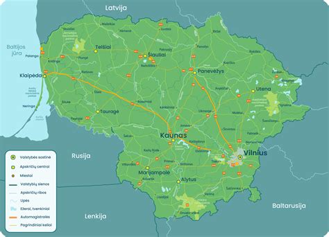 Lietuvos žemėlapis su svarbiausiais transporto maršrutais