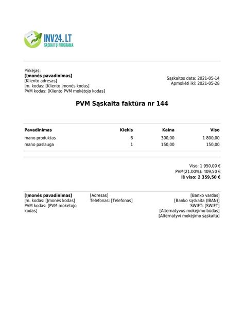 Sąskaitų faktūrų pavyzdžiai su skirtingais PVM tarifais