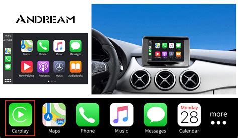 Apple CarPlay ir Android Auto logotipai ant automobilio multimedijos ekrano