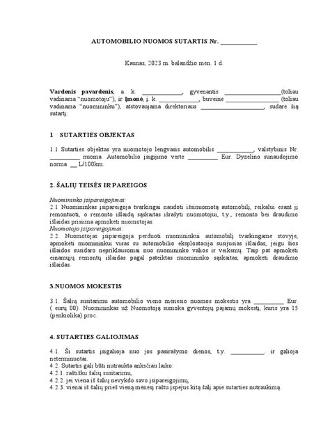 sutartis dėl automobilio nuomos