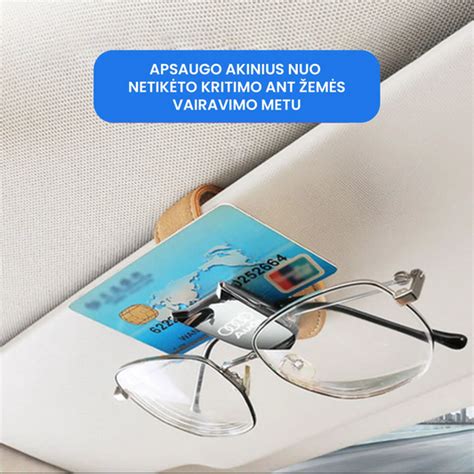 Akinių laikiklis pritvirtintas prie automobilio saulės skydelio