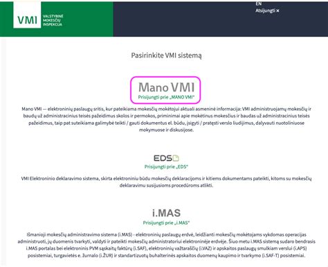 Valstybinės mokesčių inspekcijos portalo Mano VMI ekrano nuotrauka