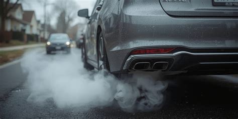 balti dūmai iš automobilio išmetimo vamzdžio