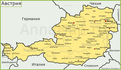 Карта Австрии с отмеченными городами Вена и Грац