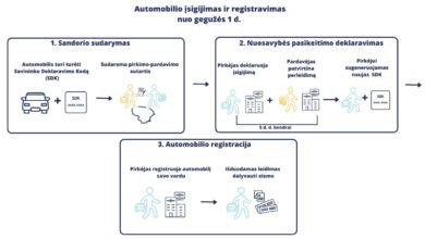 Schema, iliustruojanti transporto priemonių registracijos ir deklaravimo procesą