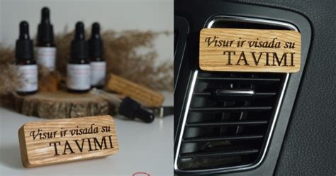 Graviruotas medinis automobilio kvapas su užrašu