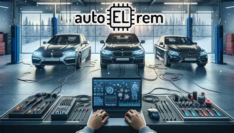 Automobilio serviso darbuotojas, dirbantis su BMW elektronikos diagnostikos įranga