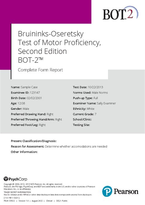 Bruininks-Oseretsky Test of Motor Proficiency (BOT-2) testo atlikimo schema