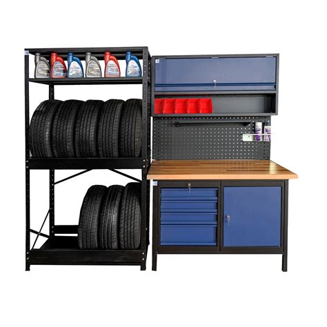 Dirbtuvių baldų sistema su darbastaliu ir padangų stelažu