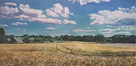 Lietuviškas peizažas su laukais ir medžiais