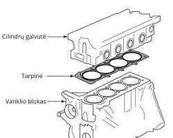 Variklio galvos tarpinė ir jos pažeidimo schema