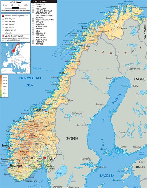 Žemėlapis: Norvegija ir jos geografinė padėtis