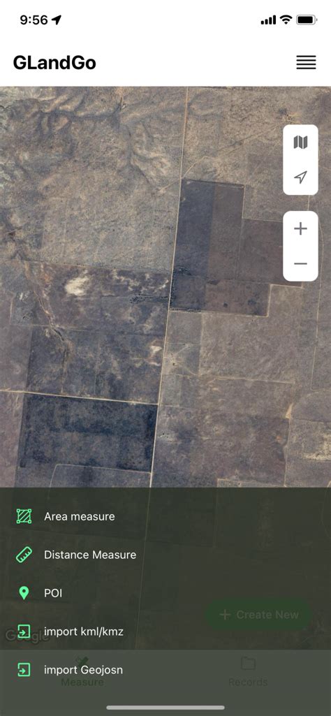 Išmaniojo telefono ekrano nuotrauka, kurioje matoma GPS Fields Area Measure programėlė