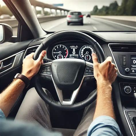 Vairuotojas, laikantis rankas ant vairo, ir automobilio prietaisų skydelis su aktyviu Pilot Assist simboliu.
