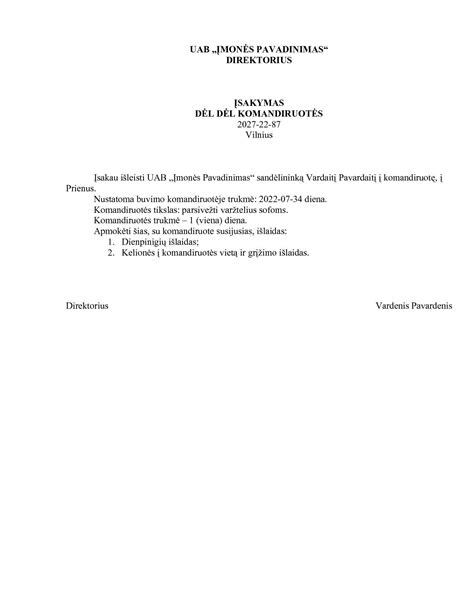 Vairuotojo komandiruotės įsakymo forma