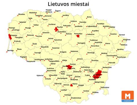Žemėlapis su pažymėtais didžiaisiais Lietuvos miestais
