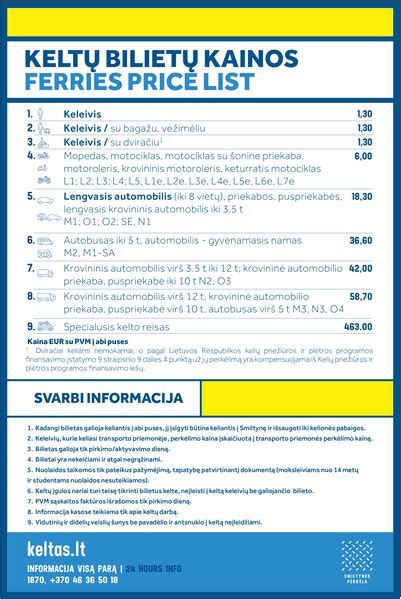 Keltų bilietų kainos lentelė