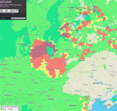 Žemėlapis, rodantis GPS trikdžių zonas Europoje