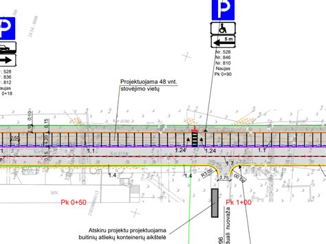 Schema su standartiniais automobilių stovėjimo vietų matmenimis