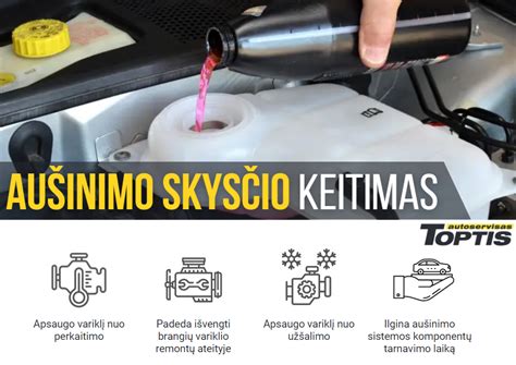 Aušinimo skysčio buteliukai skirtingų spalvų