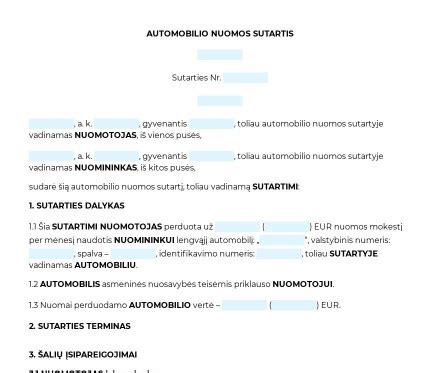 Automobilio nuomos sutarties šablonas