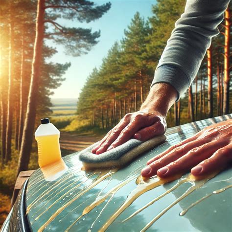 Schematinis medžių sakų valymo nuo automobilio procesas