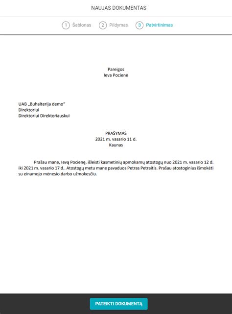 Pavyzdys kaip atrodo prašymas registracijai