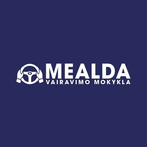 Vairavimo mokyklos MEALDA logotipas ir kontaktinė informacija