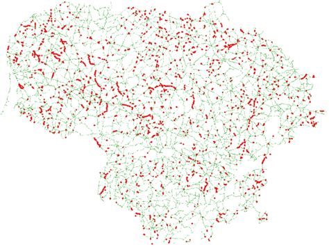 Žemėlapis su kelių dangų tipų pasiskirstymu