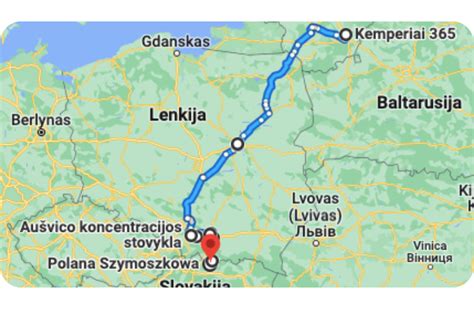 Palydovinė „Google Maps“ nuotrauka su kelionės maršrutu