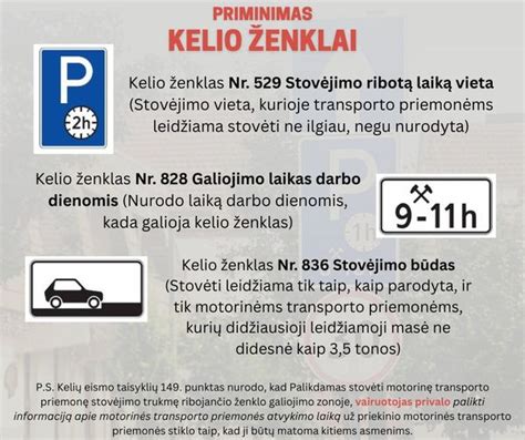 Vaizdinė informacija apie skirtingus kelio ženklus ir jų reikšmes.