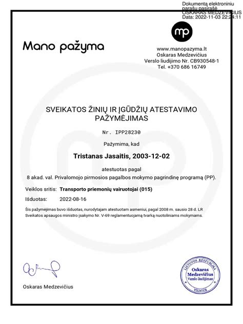 Pirmosios pagalbos kursų pažymėjimas