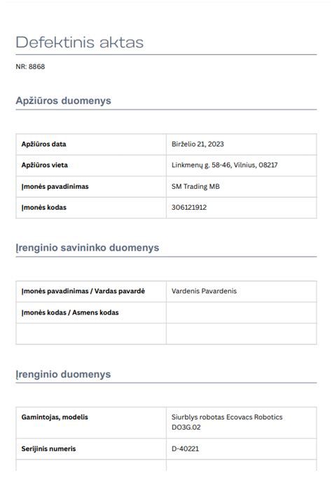 Defektinio akto pildymo pavyzdys