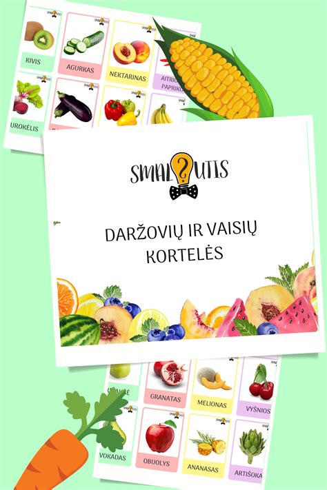 Vaisių ir daržovių nuotraukos su vitaminų ir mineralų ženklais