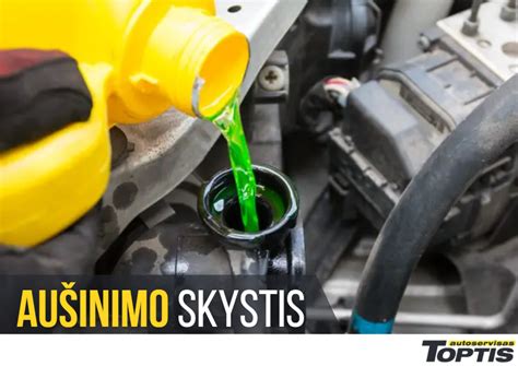 Vaizdinis paaiškinimas, kaip atrodo perpiltas aušinimo skystis ir kur jo ieškoti automobilyje