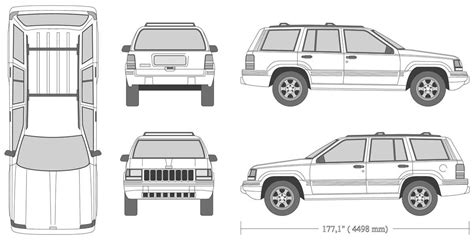 Schema, iliustruojanti galimas „Jeep Liberty“ gedimų vietas (pvz., variklis, stabdžiai, kėbulas).