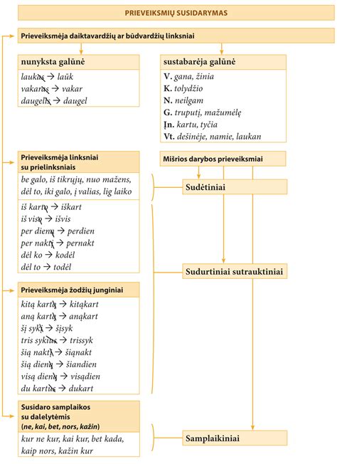 Schema, iliustruojanti prieveiksmių ir prielinksnių santykį su veiksmažodžiu ir daiktavardžiu