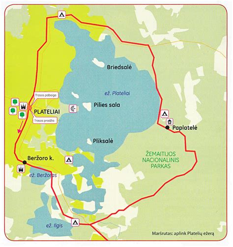 Žemėlapis su dviračių maršrutais aplink Platelių ežerą