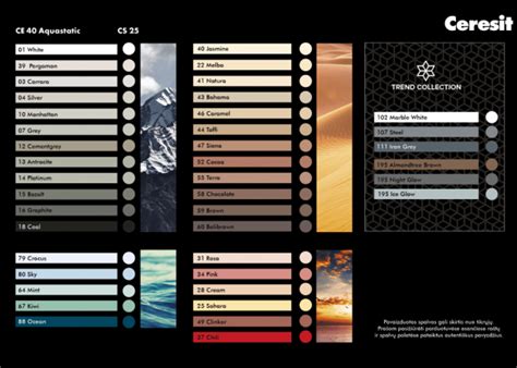 Ceresit CE 40 plytelių glaisto spalvų pavyzdžiai