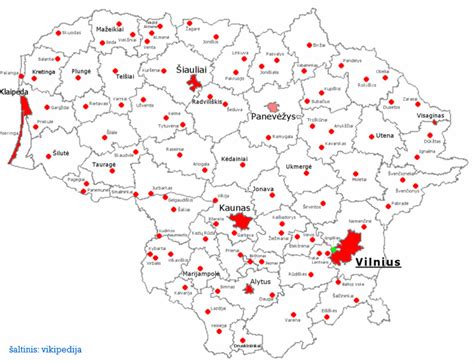 Lietuvos žemėlapis su pažymėtais Citadele banko filialais