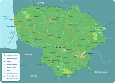Žemėlapis, rodantis Tauragės lokaciją Lietuvos transporto tinkle